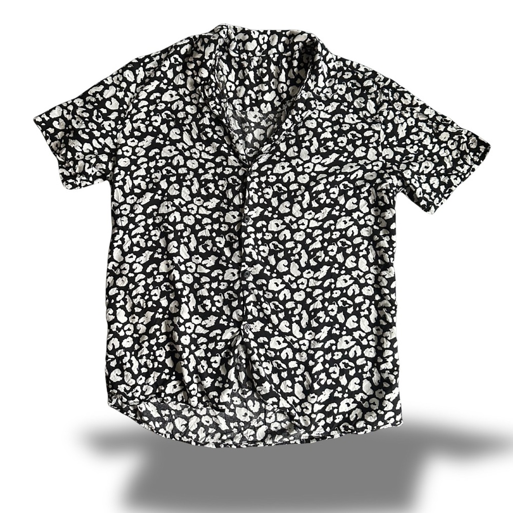 Black White Leopard Cheetah Print Button Up Button Down Collar, Collared Shirt